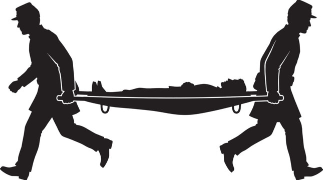 Black silhouette of two paramedics carrying a patient on a medical stretcher for emergency rescue service isolated on transparent background, Vector