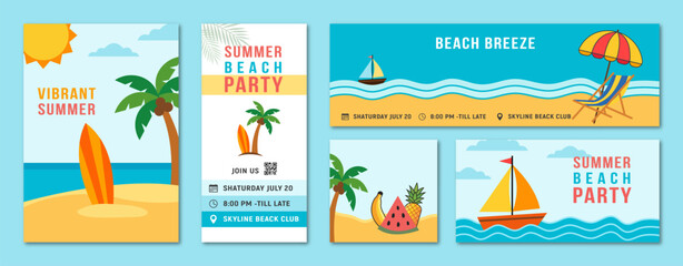 Obraz premium Set of summer beach party banners and flyers with palm trees tropical fruits and sailboats for holiday vacation event promotion and advertising designs in bright flat vector style