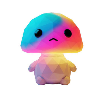 A cute, low-poly, colorful fantasy creature with a gradient rainbow body and sad expression