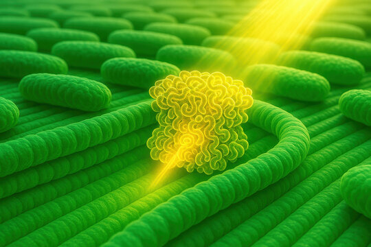 Golden spherical cell standing out among green bacteria microorganism field representing unique individuality energy conversion biological process microscopic cellular structure