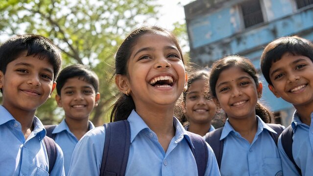 Happy Indian School Children Smiling and Laughing in Uniform Outdoors
