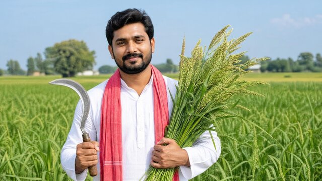 Happy Indian Farmer Holding Rice Paddy Harvest and Sickle in Field