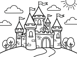 Charming black and white castle illustration with flags and sunny sky.Enchanting medieval castle with red turrets set amidst rolling hills and vibrant blue sky with majestic flags flying © Sajminnahar