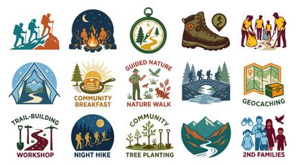 Fototapeta premium Outdoor Adventure Icons: Hiking, Camping, Nature Walk, Geocaching, Flat Design