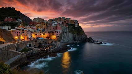 Fototapeta premium Scenic sunset view of a historic coastal village built on rugged cliffs overlooking the ocean with colorful buildings lit by warm lights and dramatic orange clouds in the evening sky over sea waves