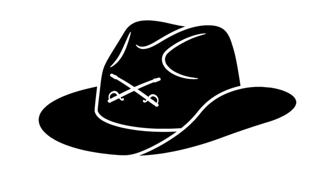 Black silhouette icon of a vintage cavalry hat with crossed swords symbol for military history design isolated on transparent background, Vector