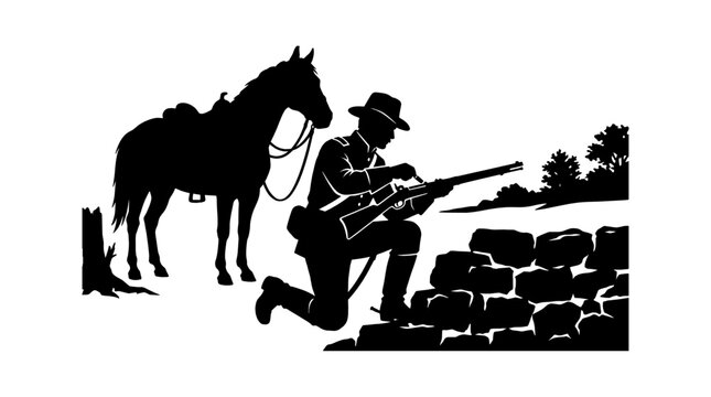 Silhouette of a cowboy kneeling with a rifle beside his horse in a field isolated on transparent background, Vector