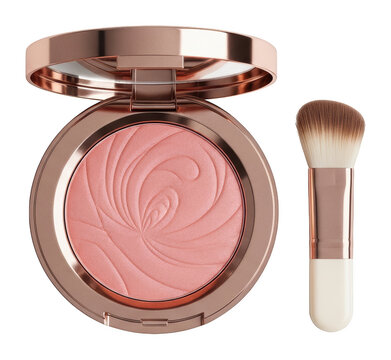 Luxury rose gold makeup compact with textured pink blush powder and brush isolated transparent background image