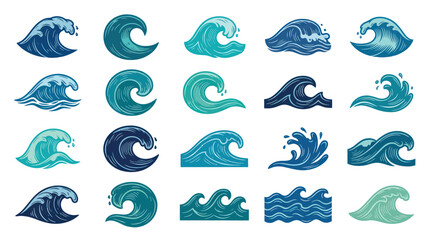 Obraz premium Ocean Wave Icons Set: Blue Water Splash Art Style for Marine Design