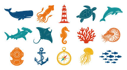 Fototapeta premium Marine life vector icons: whale, shark, seahorse, jellyfish, lighthouse, compass, nautilus, coral, anchor, dolphin, squid, sea turtle, fishes