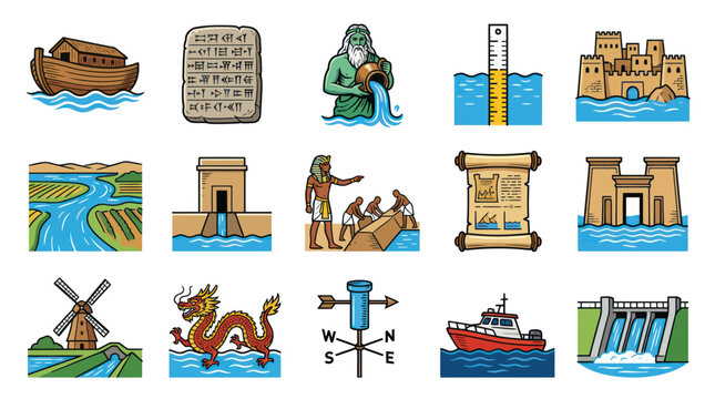 Ancient Flood Mythology Icons: Noah's Ark, Tablet, God, Flood, Castle, River