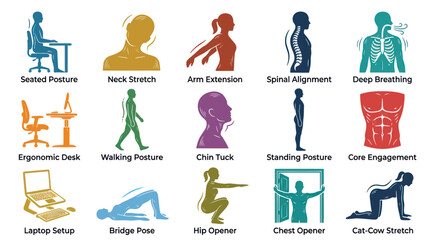 Obraz premium Ergonomic Desk Posture Guide: Health, Wellness, Fitness, Yoga, Office, Flat Icons