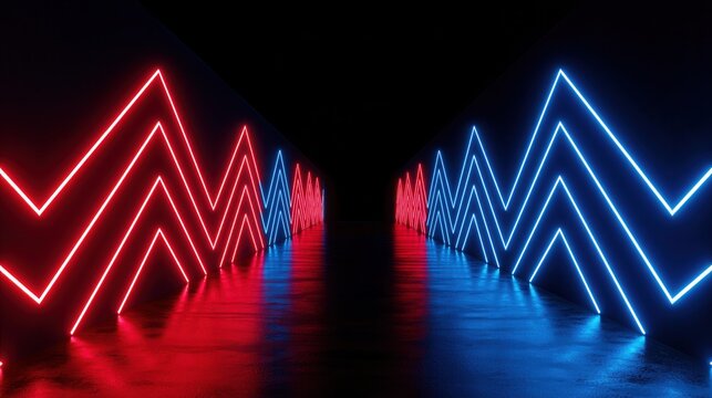 Neon lights create patterns in a dark hallway during an art installation in a city at night