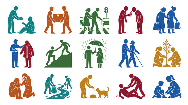 Social Responsibility and Community Support Glyph Icons Set. Flat Pictograms of People Helping, Care, Charity, and Volunteer Work.