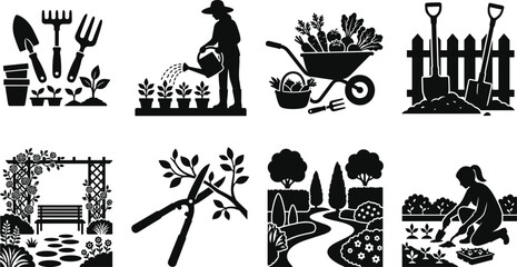 Fototapeta premium Collection of gardening silhouette illustrations featuring tools, watering plants, wheelbarrow, pruning, landscaping, garden bench, and planting