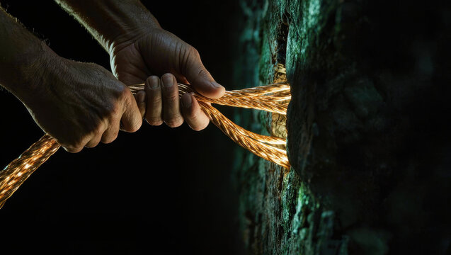 Cable hands pulling copper wire in dark wall close up