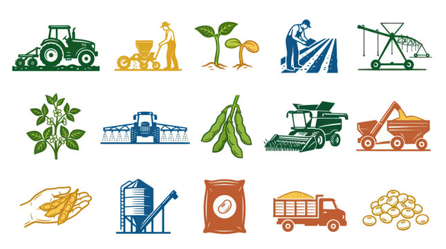 Agriculture Icons Set: Tractor, Soybean Plant, Harvester, Truck, and Farmer