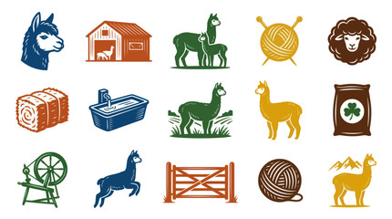 Naklejka premium Alpaca Farm Livestock and Wool Production Glyph Icons Set. Agriculture Animals and Textile Industry Symbols.