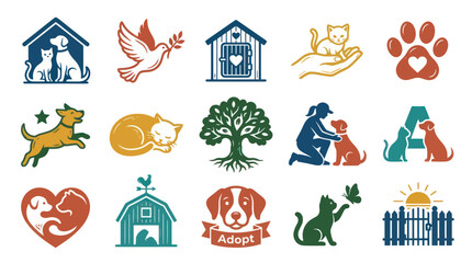 Naklejka premium Pet Adoption Icons: Dog, Cat, Dove, House, Paw Print, Tree, Human, Alphabet