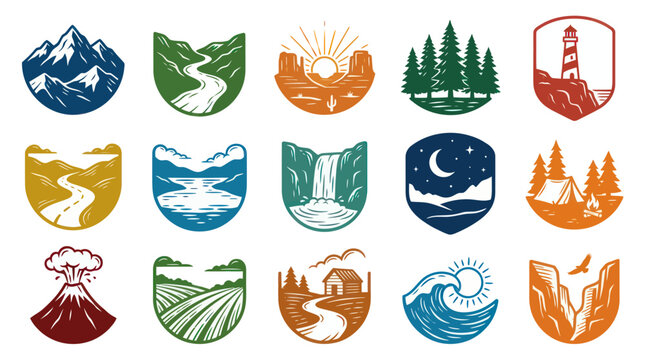 Retro Style Vector Landscape Badges  Emblems - Nature, Outdoor  Travel Adventure Logo Set