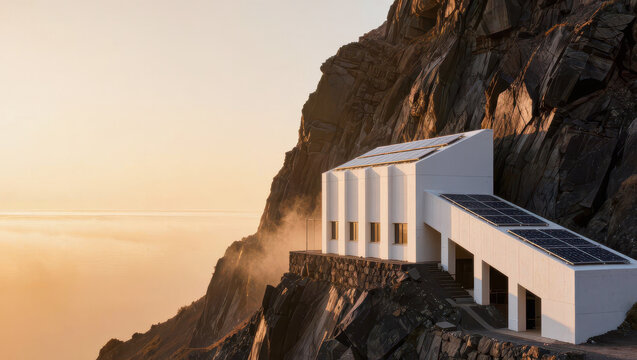 Mountain shelter at sunrise with solar panel, misty cliff side refuge