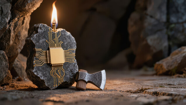 Circuit stone flame axe rock cave technology circuit electric chip miner tool stone fire dark rustic metal gold closeup still