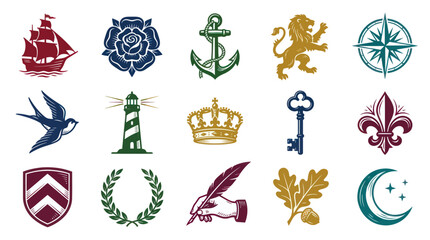 Fototapeta premium Nautical Heraldic Vector Icons: Ship, Rose, Anchor, Lion, Compass, Bird, Lighthouse, Crown, Key, Fleur-de-lis, Shield, Laurel, Quill, Oak, Moon