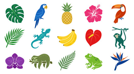 Naklejka premium Tropical Paradise Flat Icons: Parrot, Monkey, Sloth, Exotic Flowers, Fruits