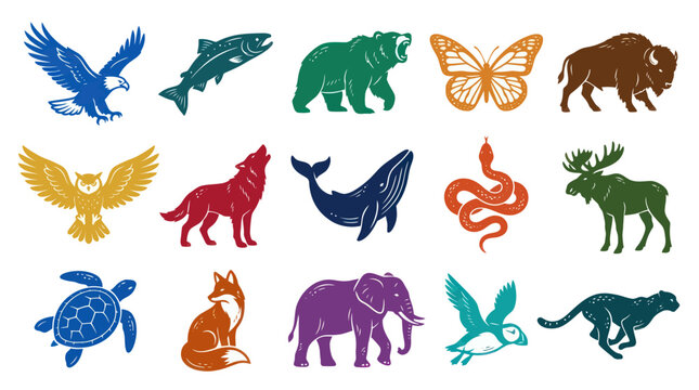 Vector Collection: Wild Animals Icons - Eagle, Fish, Bear, Buffalo, Owl, Wolf, Whale, Snake, Moose, Turtle, Fox, Elephant, Bird, Cheetah