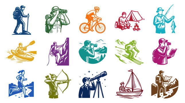 Outdoor Sports and Activities Vector Icons - Hiking, Camping, Kayaking, Climbing, Skiing