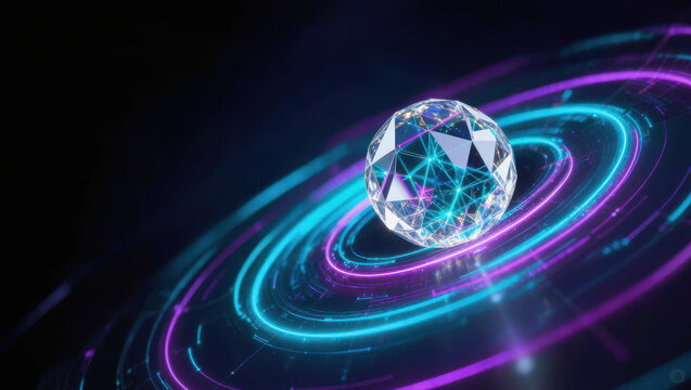 Digital sphere neon ring glowing abstract futuristic background orbit technology concept