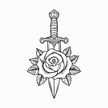 Classic tattoo design featuring rose and dagger old school traditional illustration isolated ornament weaponry monochrome engraved artistic sharpness
