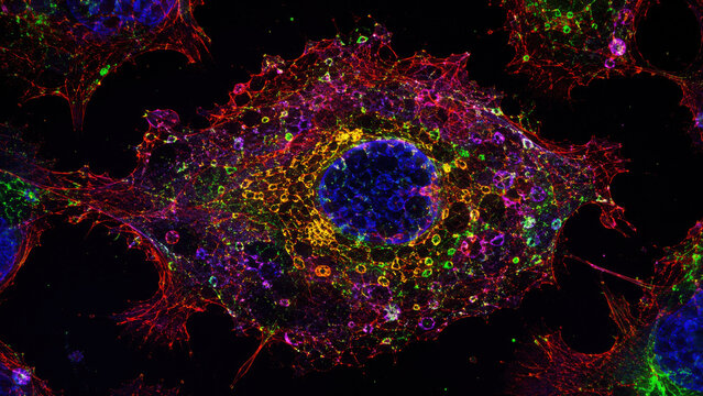 Detailed fluorescent microscopy image showing vibrant metastatic cell with labeled organelles undergoing necrosis. colorful scientific biology illustration for cancer research