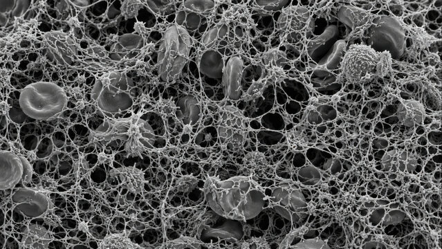 Detailed blood clot micrograph showing fibrin mesh microstructure trapping red blood cell. Intricate scientific microscopy for coagulation research and medical diagnosis