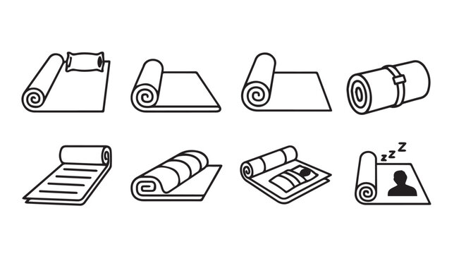 Camping sleeping mats rolled and unrolled with pillow during outdoor recreation concept illustration