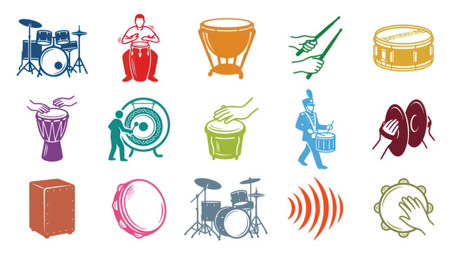 Collection of colorful drum and percussion instrument icons, vector illustrations