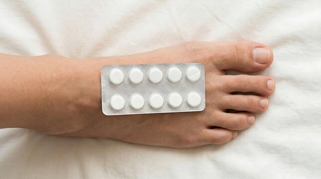 A blister pack of white round medicine pills resting on a human foot for pain relief.