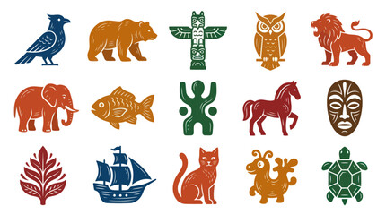 Naklejka premium Folk Art Linocut Style Icon Set. Diverse Cultural Symbols, Animals, Nature, Mythology, and Travel Elements.