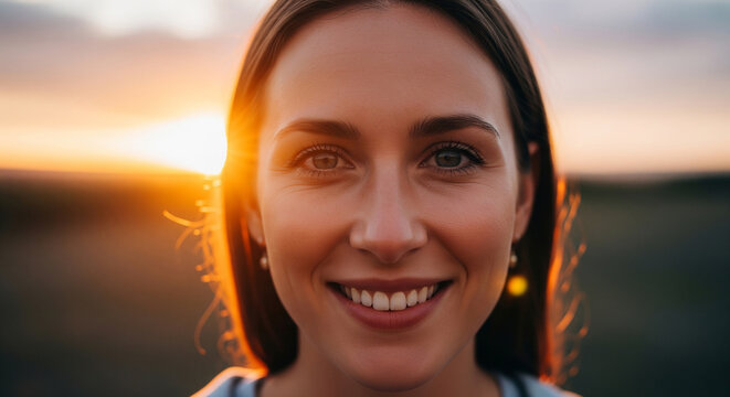 Gorgeous female smiling warmly in natural light perfect for professional outdoor wellness and creative joyful beauty plan
