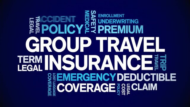 Group Travel insurance animated word cloud-text design animation tag kinetic typography seamless loop.