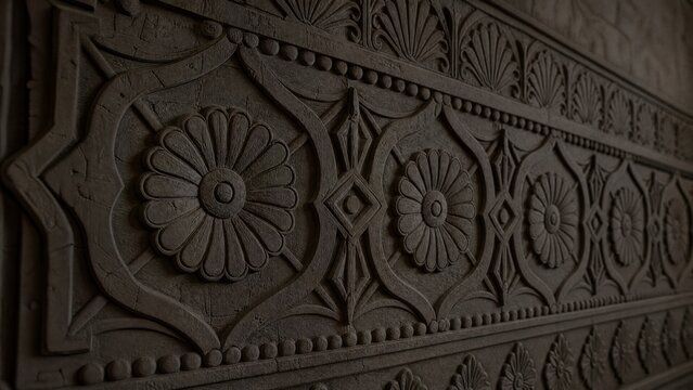 Assyrian bas-relief with symmetrical rosettes and geometric patterns on dark plaster.