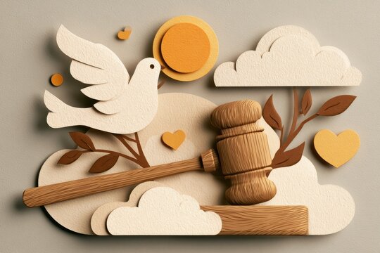 Judicial gavel and dove of peace resting among textured clouds in a minimalist layered composition with soft studio lighting for legal marketing