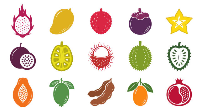 Flat Design Icons of Exotic Tropical Fruits Collection Vector Art