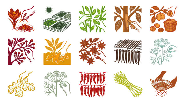 Vintage Spice  Herb Collection Icons: Saffron, Vanilla, Chili, Ginger, Herbs, Seeds