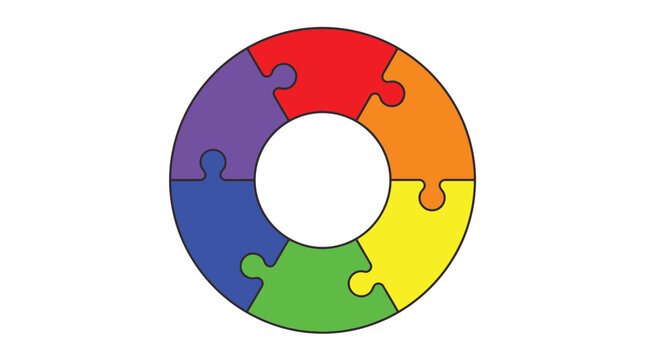 Colorful circular puzzle diagram consisting of six interlocking pieces designed as a flat vector graphic illustration