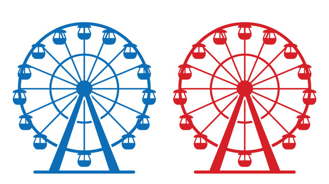 Two vibrant ferris wheel vector graphic designs featuring bright red and blue colors for amusement