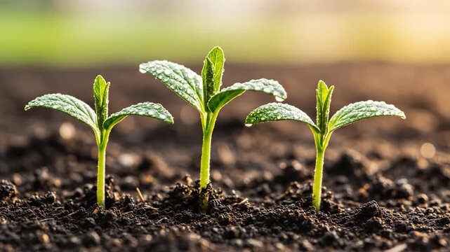 Three young green sprouts with dew drops growing in dark soil under golden sunlight