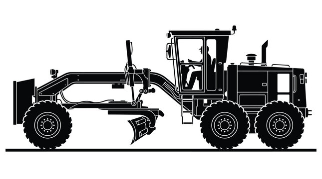 Detailed black vector illustration of a heavy industrial motor grader machine used for road construction work
