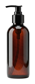 Minimalist amber glass bottle with pump stands centered as an isolated transparent background image