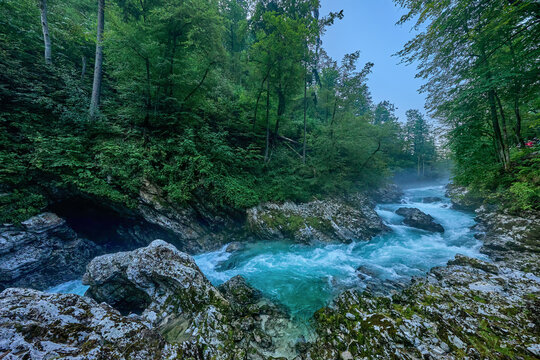 The scenic Vintgar gorge and the Radovna river which has cut the Vintgar Gorge deep between the hills, wooden walkways, bridges and paths  lead visitors to waterfalls, rapids and ravines, Bled, Europe